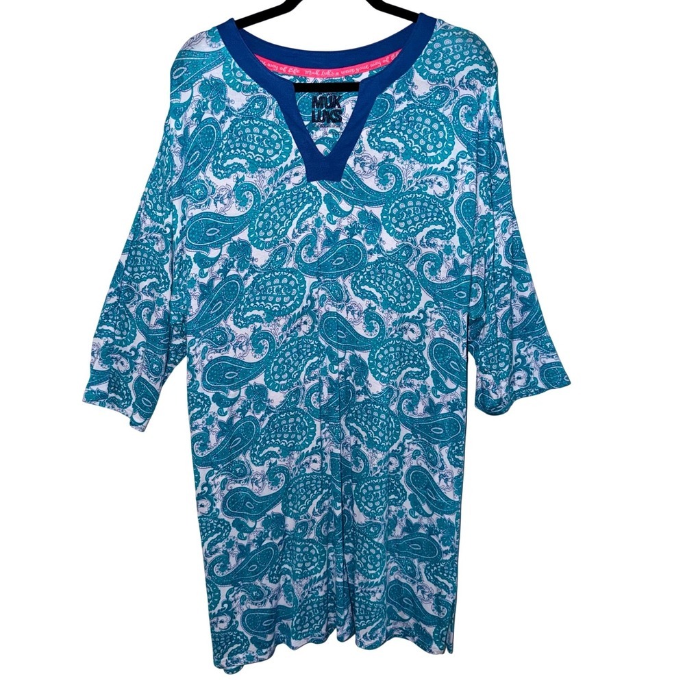 Muk Luks Sleep Shirt Womens Large Teal Paisley V-Neck Elbow Sleeve Loungewear